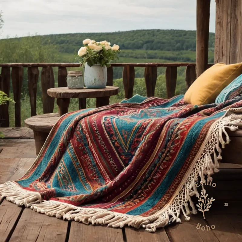 A bohemian throw blanket on rustic outdoor furniture.