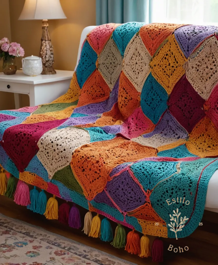 A colorful, cozy king-size blanket with intricate crochet details.