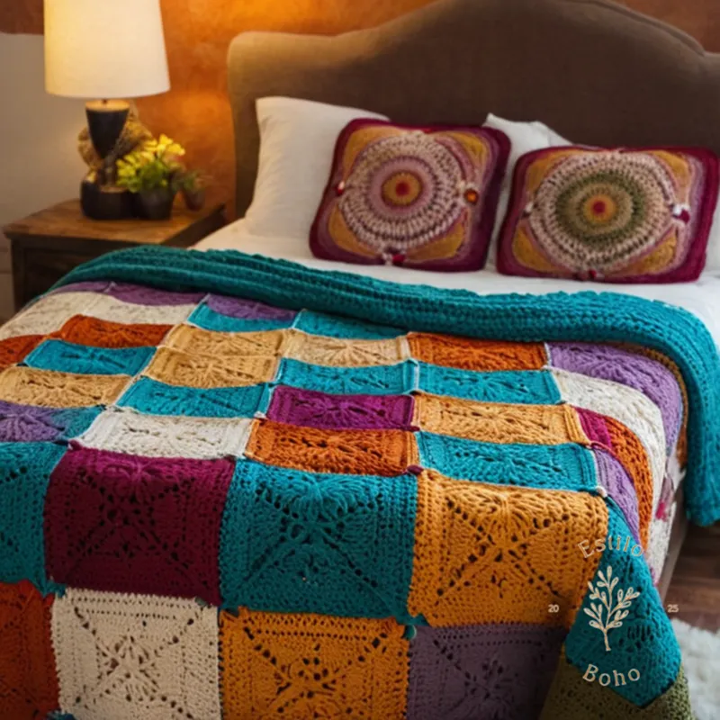 A colorful, crocheted bohemian king-size bed throw blanket.