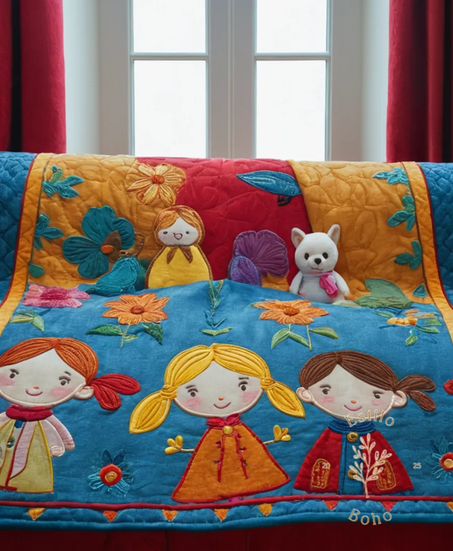 Colorful, whimsical embroidered blankets with storybook characters.