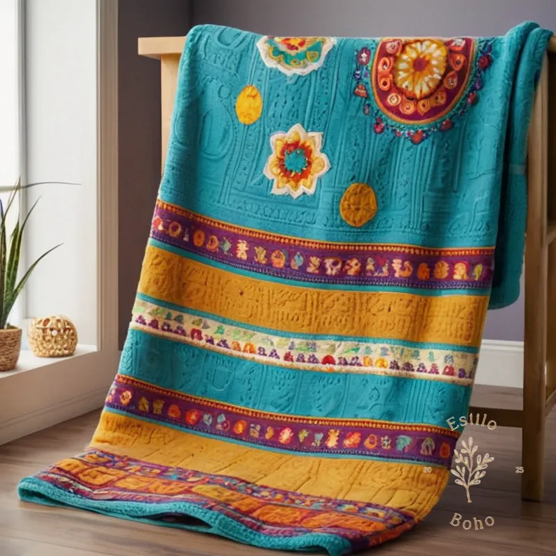 3 colorful bohemian-inspired baby blankets with whimsical characters.
