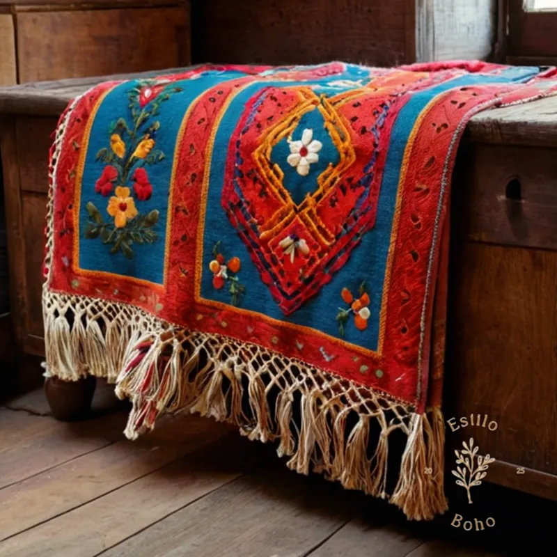 A vintage, colorful, embroidered blanket draped over a rustic piece of furniture.