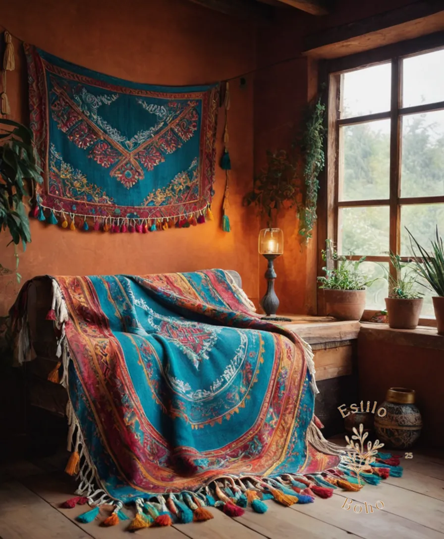 A colorful, patterned Bohemian blanket with long tassels.