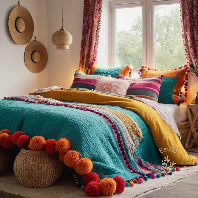 A trendy bohemian bedroom with colorful, fluffy blankets and pom-poms.