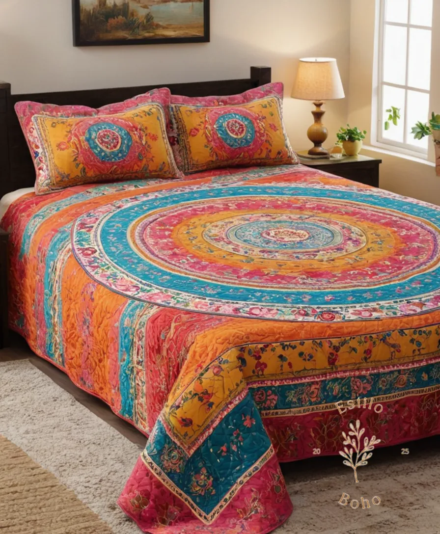 A colorful bohemian style bedspread with floral patterns and designs.