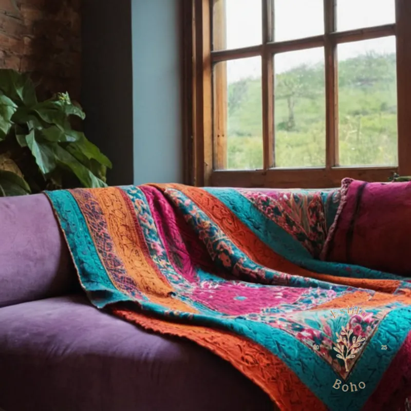 A colorful, floral-patterned bohemian throw blanket being gently washed.