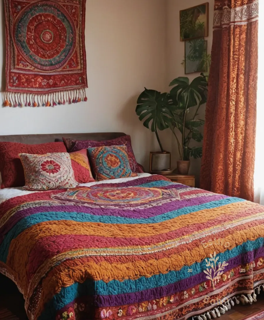 Hand-embroidered, floral-patterned bohemian blankets on a cozy bedroom scenario.