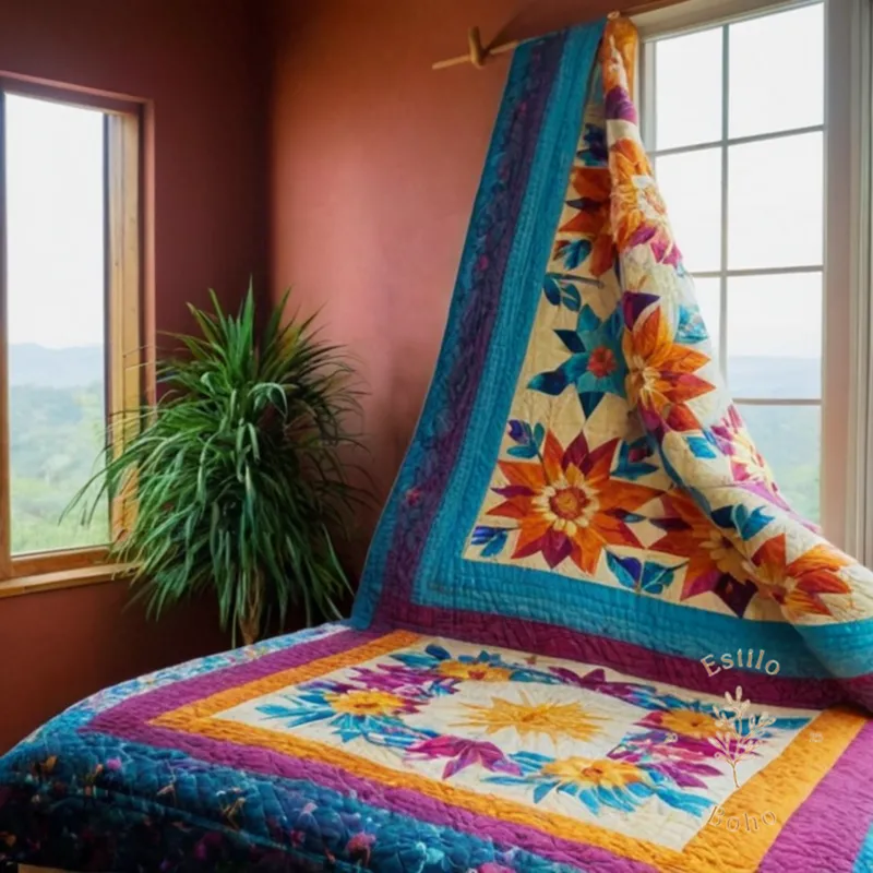 A colorful bohemian floral quilt hung majestically on a bed.
