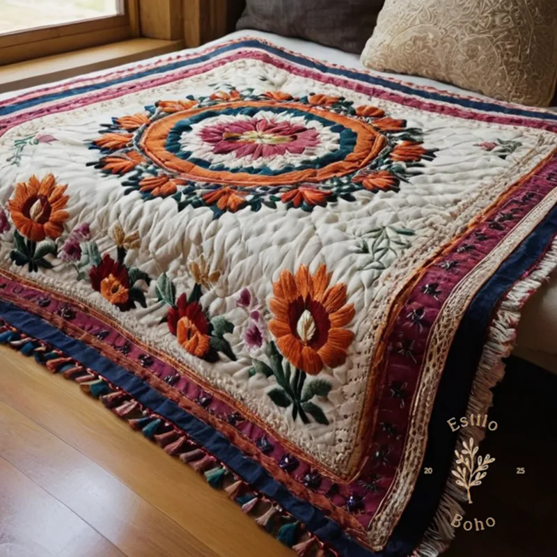 A beautiful, handmade embroidered floral Bohemian throw blanket closely-up.