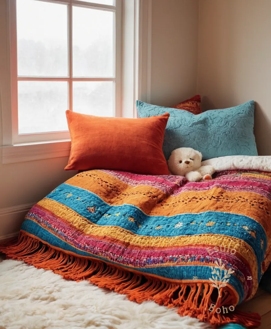 bohemian-style colorful blankets on a toddler's cozy sleeping bed.