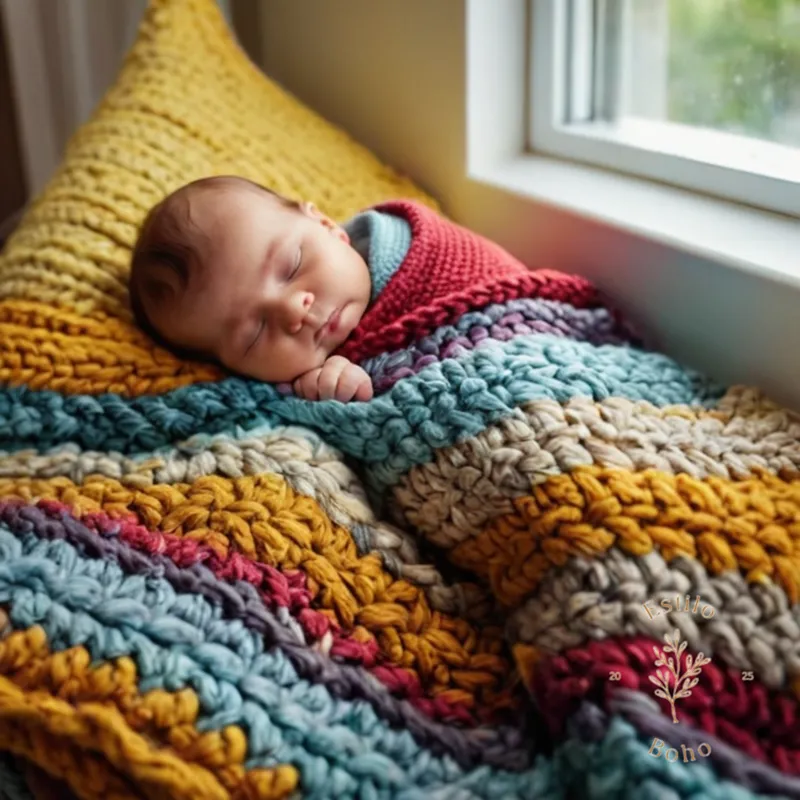 A colorful, chunky knit blanket and adorable baby sleeping.