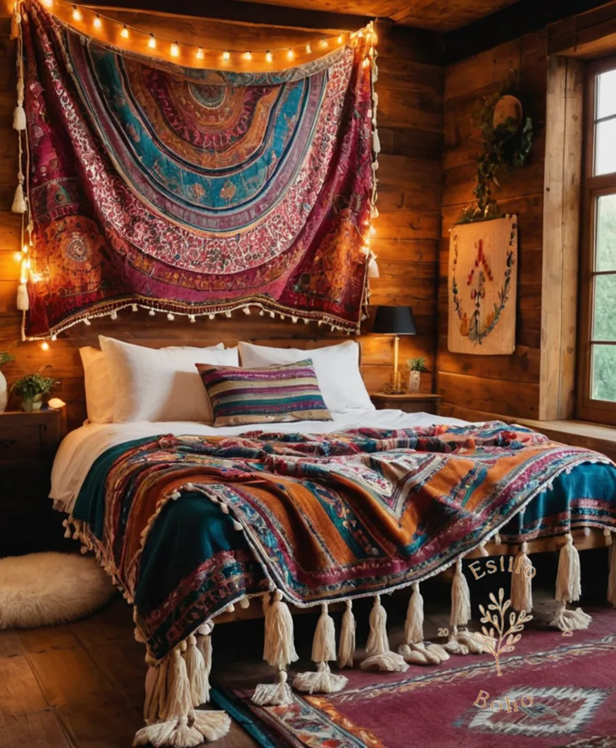 A colorful bohemian throw blanket with fluffy tassels prominently displayed.