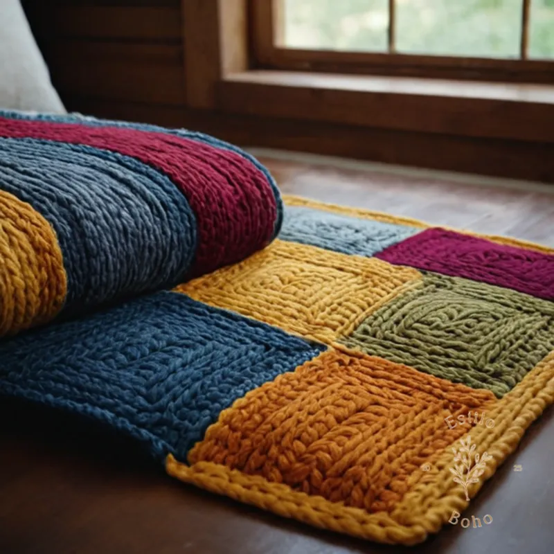 A cozy, well-maintained handmade blanket with soft yarn.