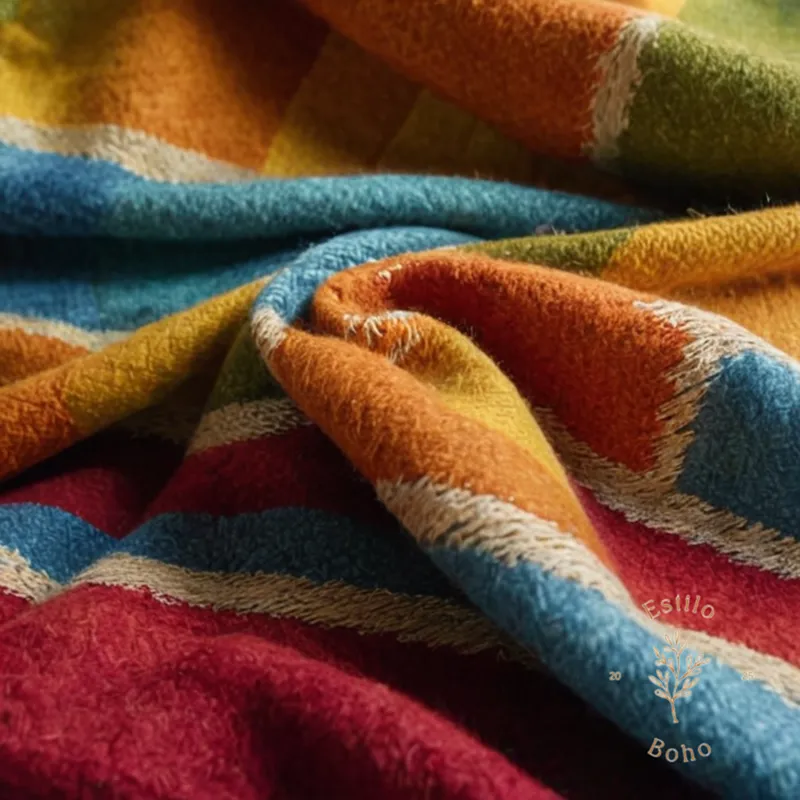 A gently rumpled, colorful woolen blanket with minor stains.
