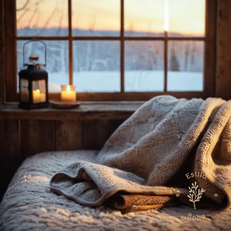 A warm and cozy blanket on a rustic winter-themed background.