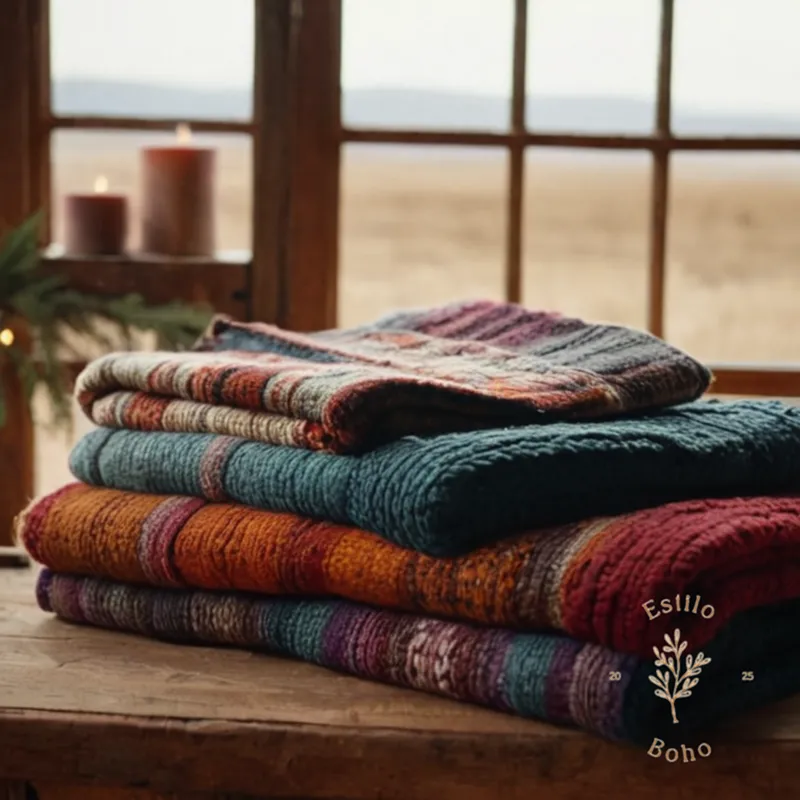 Bohemian wool blankets on a rustic, cozy winter-themed background.