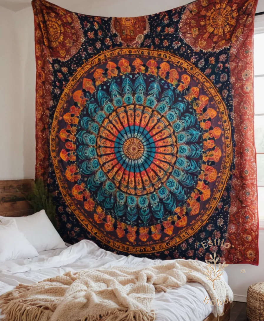 A colorful, queen-size mandala-inspired bohemian throw blanket on a bed.