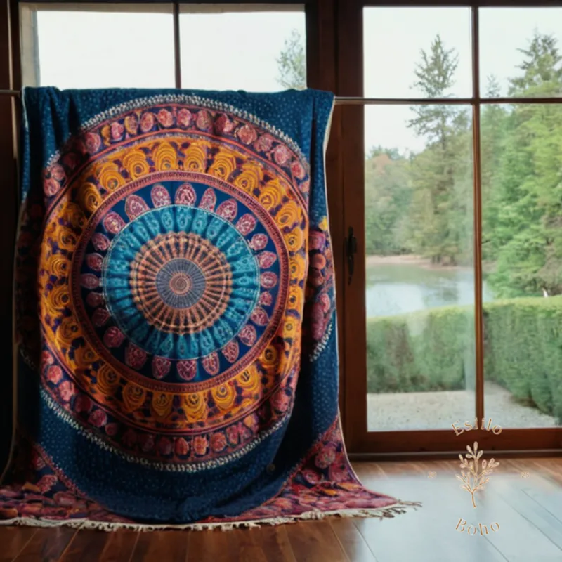 A colorful, queen-sized mandala-patterned blanket being washed or drying on a line.