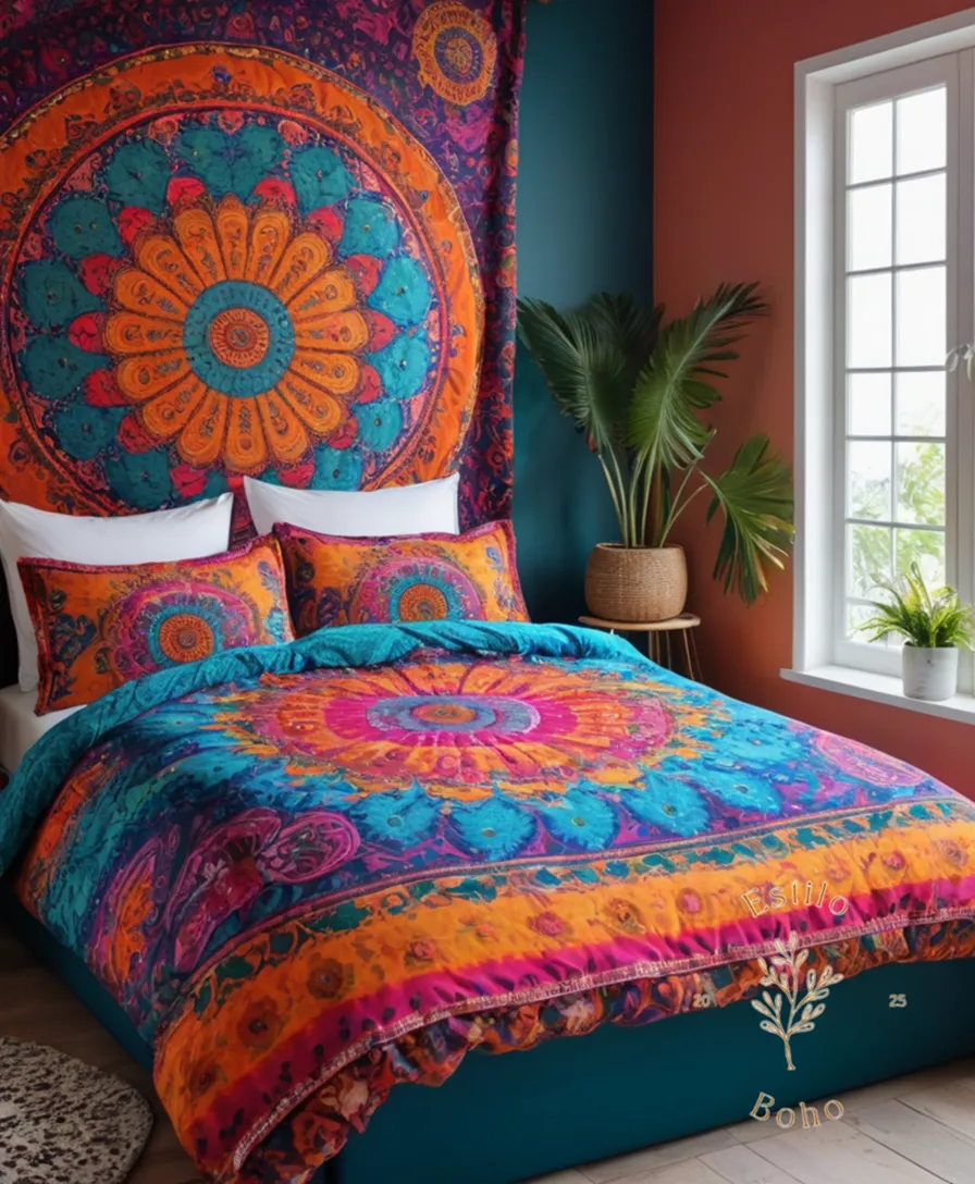 3 vibrant, colorful bohemian style psychedelic duvets on a bed.