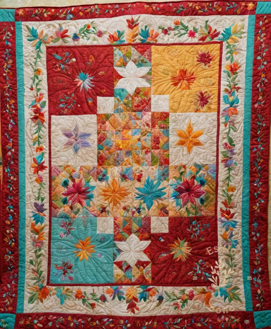 A colorful, embroidered quilt with a whimsical design.