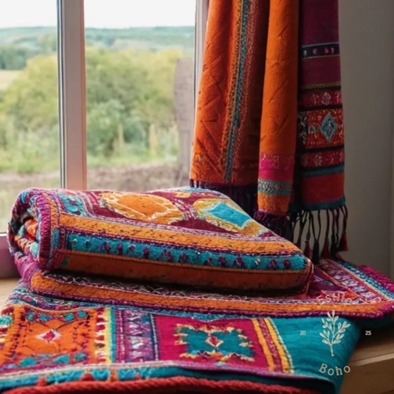 1-2 vibrant bohemian blankets in unique patterns on display.
