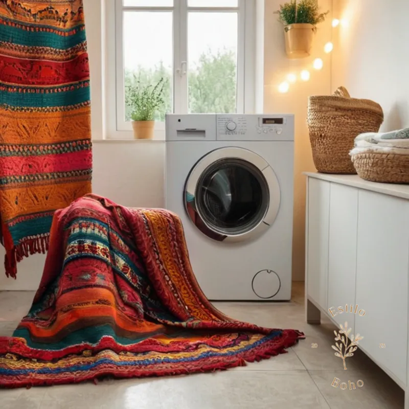 A colorful handmade bohemian blanket next to a washing machine.