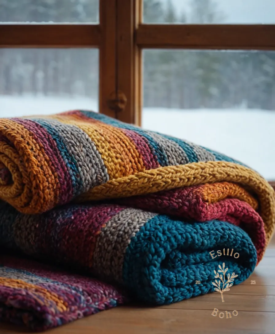 A warm, colorful chunky knit blanket against a cold winter background.