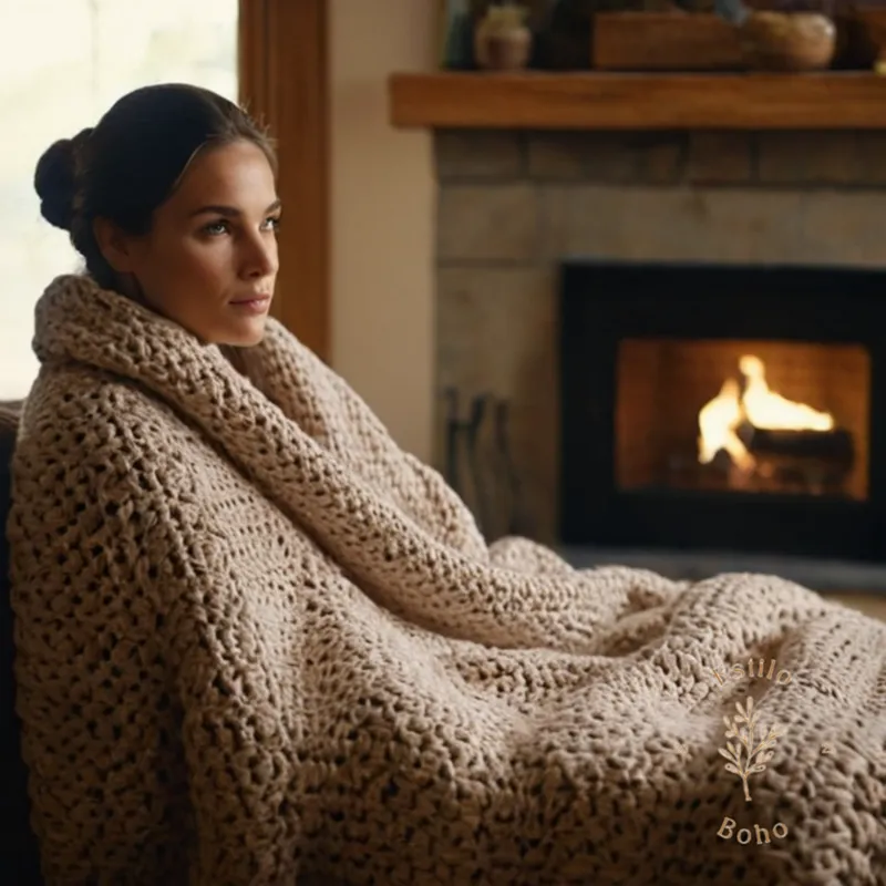 A woman near a fireplace with a thick crochet blanket.
