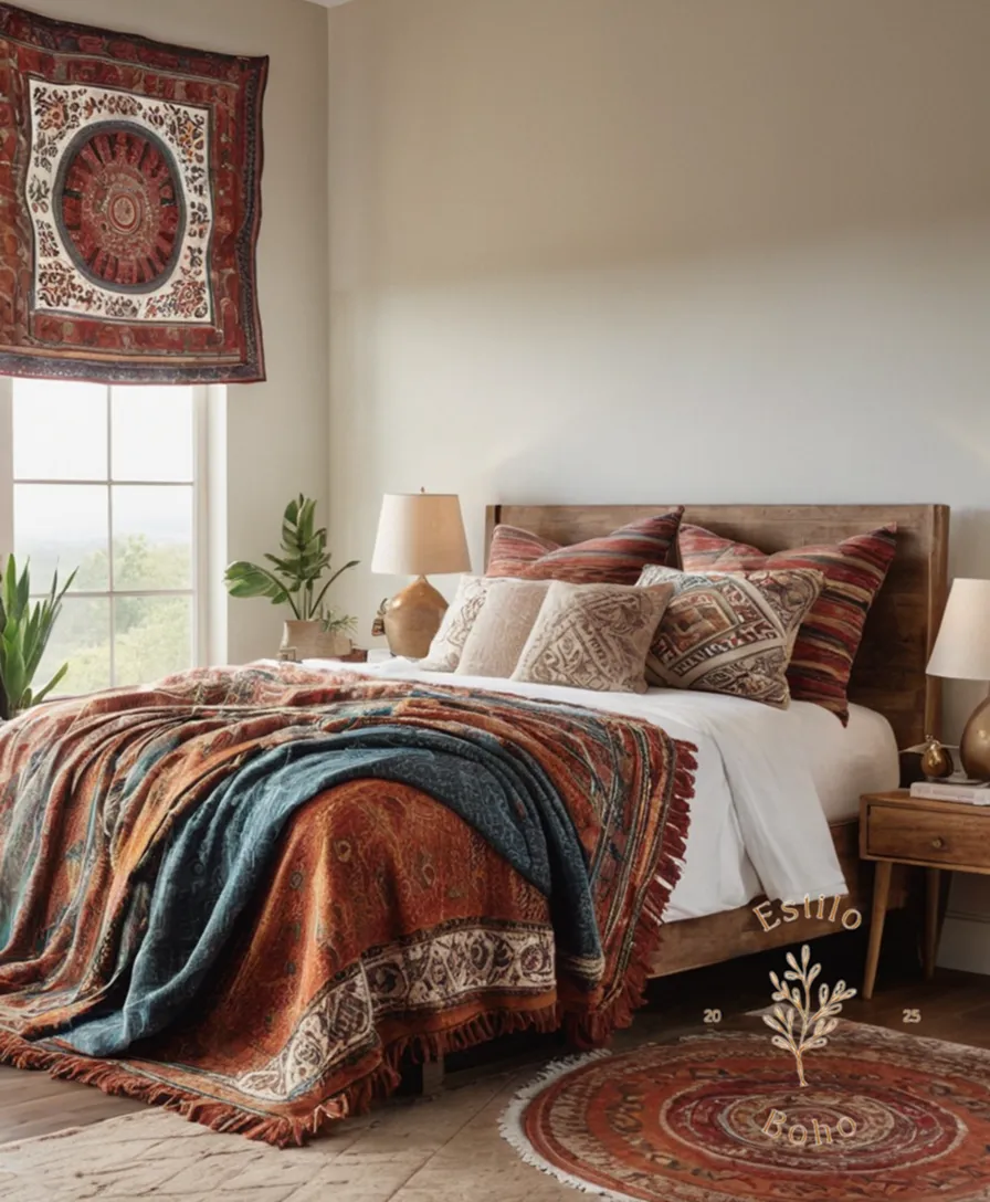 A bohemian-patterned throw blanket draped over a serene bedroom setting.