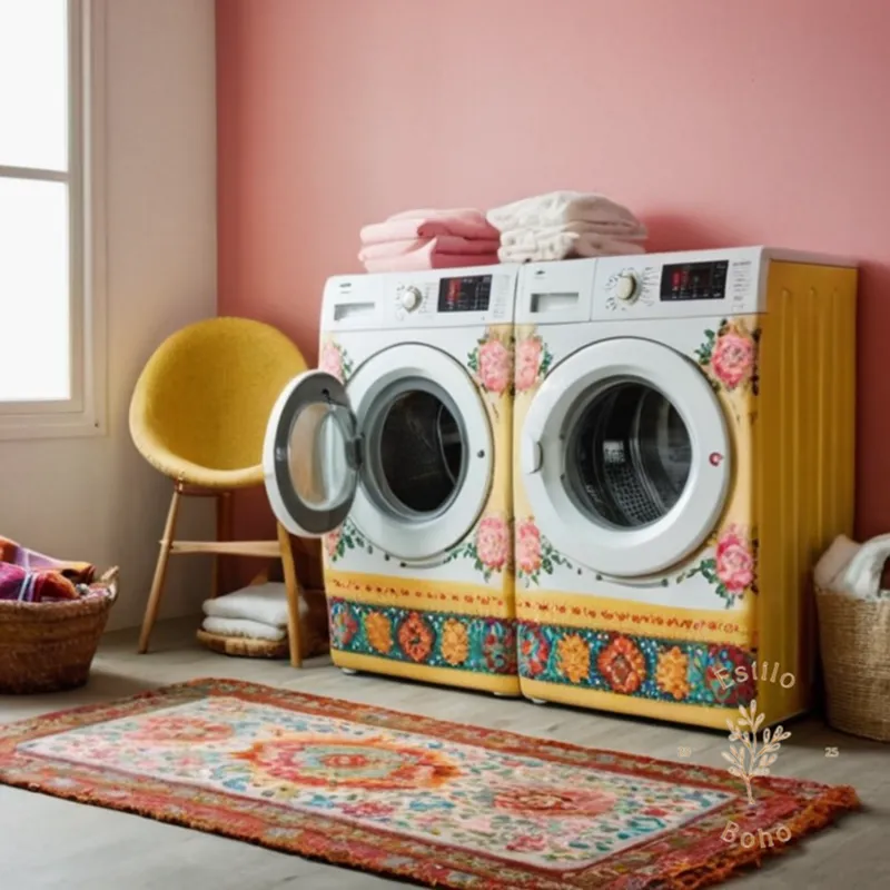 A colorful, vintage-inspired colcha bohemia on a washing machine.