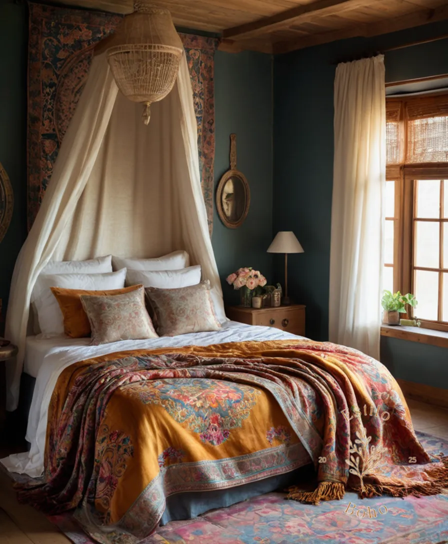 A serene bedroom with bohemian silk blankets draped elegantly.