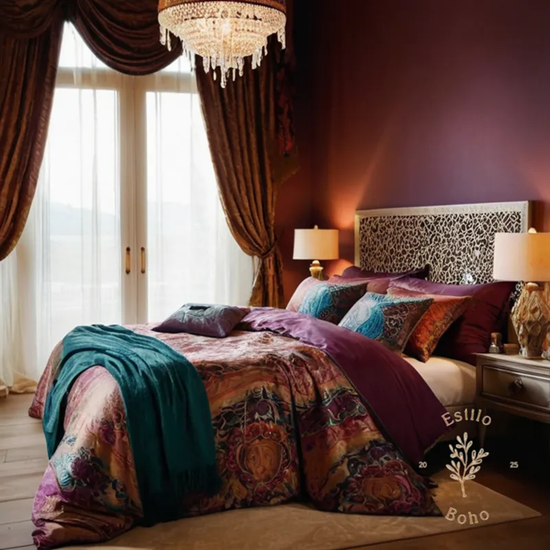 A serene bedroom with luxurious silk bohemian bedding and curtains.