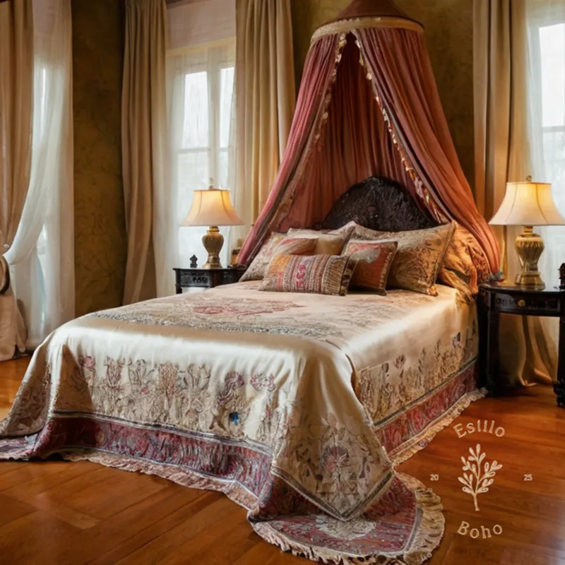 3 elegant silk bohemian bedspreads draping on a bed softly.