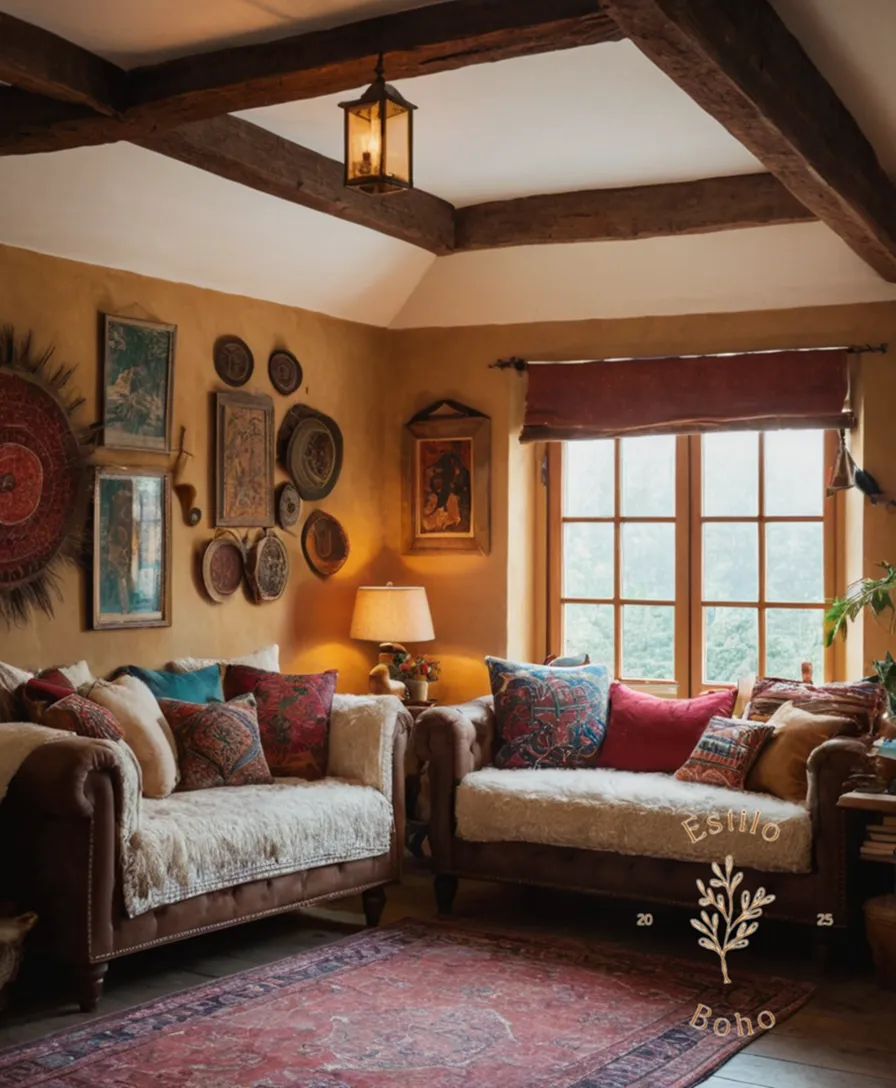 A cozy, warm room with eclectic terciopelo and bohemian decor.