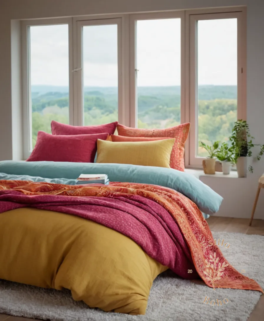 A soft, colorful textiles scene on a bed.