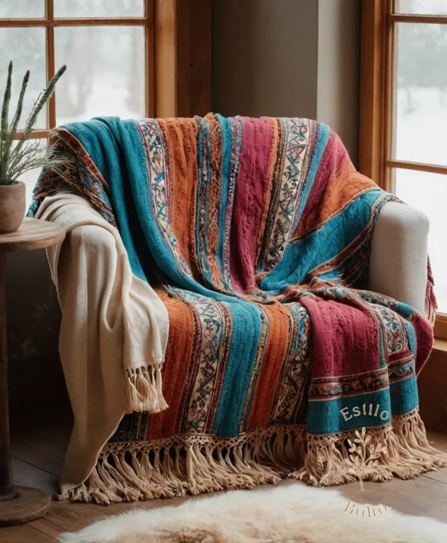 3 bohemian throw blankets against a soft, neutral background.