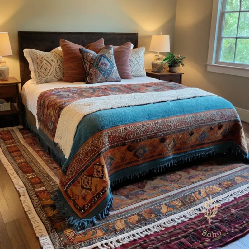 A bohemian throw rug gently tossed over a cozy bed.