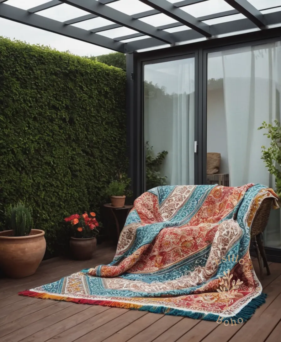 A stylish outdoor terrace with a colored bohemia blanket.