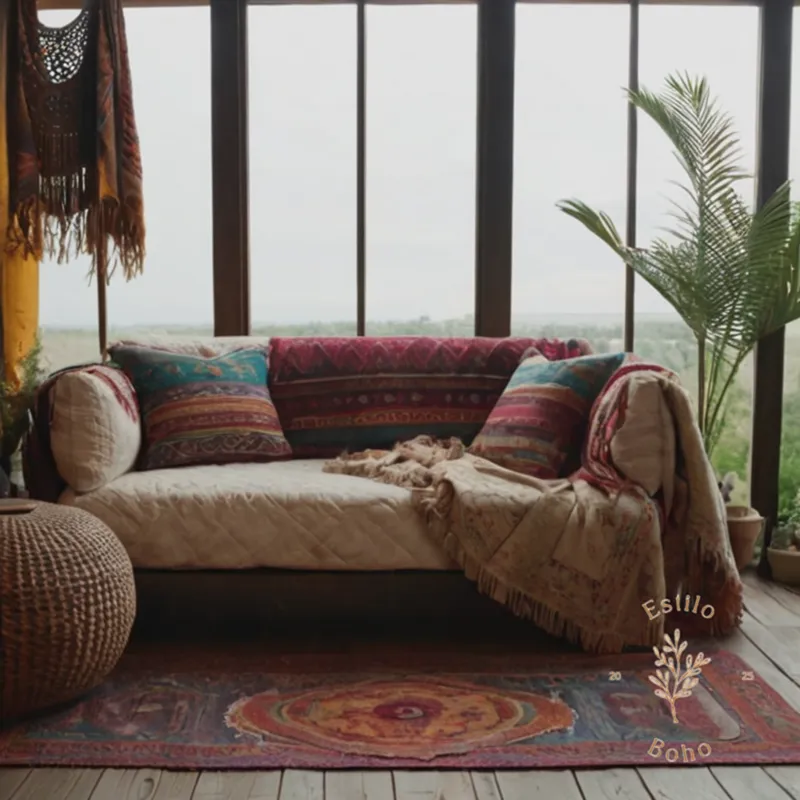 A beautifully decorated outdoor space, featuring bohemian-style throws.