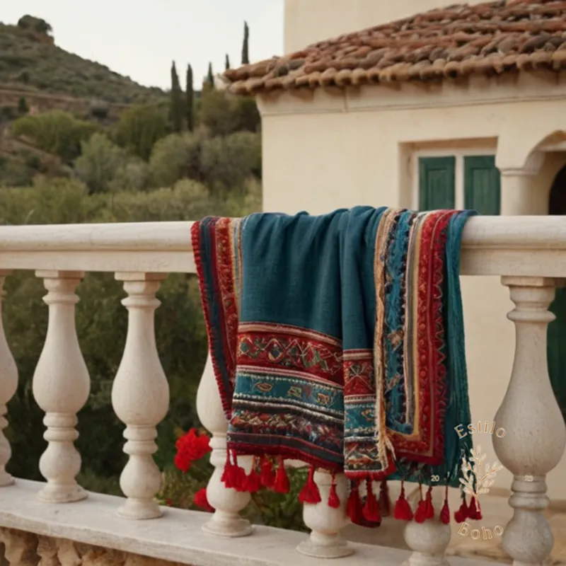 3 bohemian embroidered blankets draped over a Mediterranean-style outdoor railing.