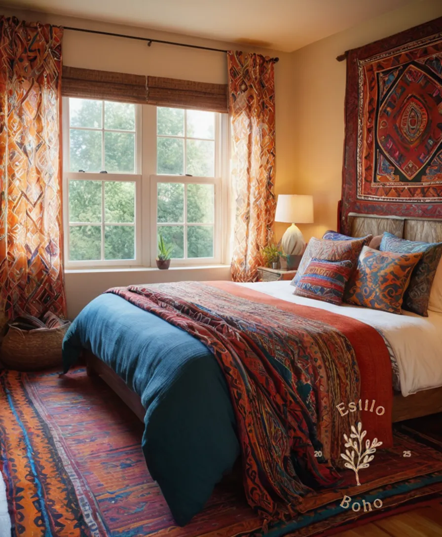 Vibrant tribal patterned textiles adorning a cozy bedroom.
