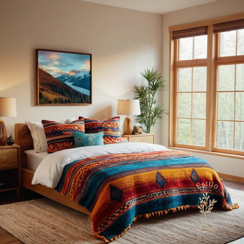 2-3 vibrant, diverse tribal blankets in a stylish bedroom setting.