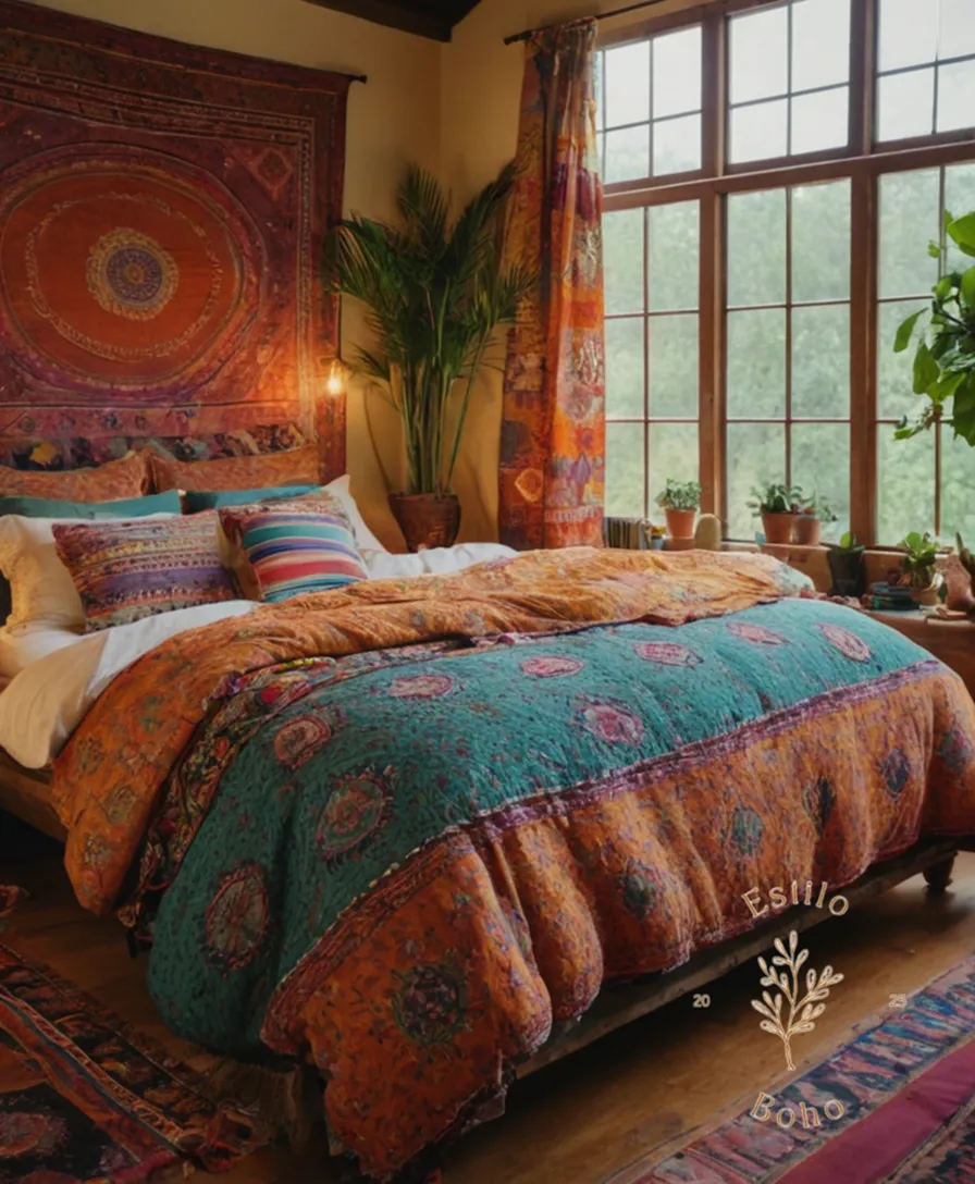 Bohemian-inspired beds adorned with colorful, eclectic textiles and patterns.