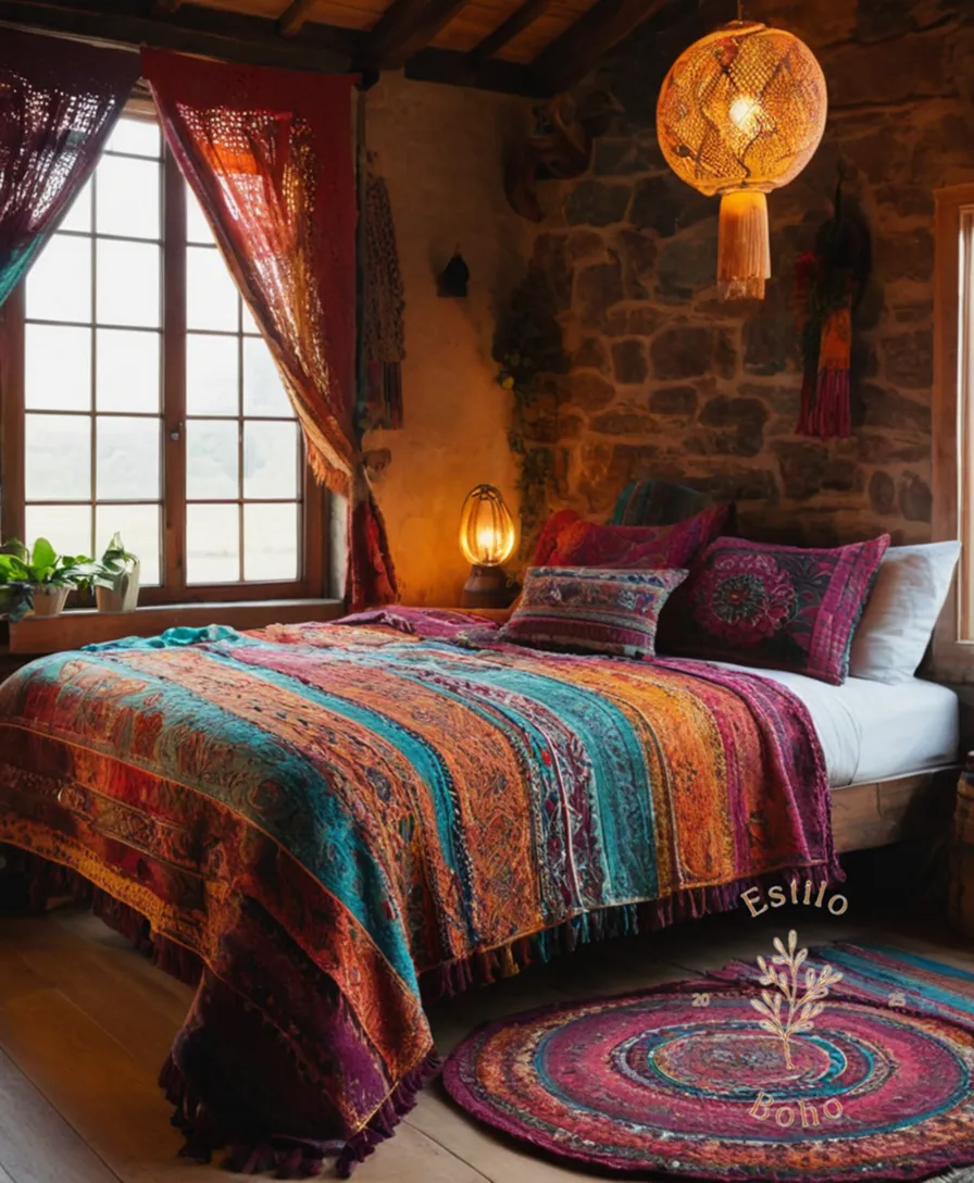 Colorful, handcrafted bohemian blankets draped elegantly on a chic bed.