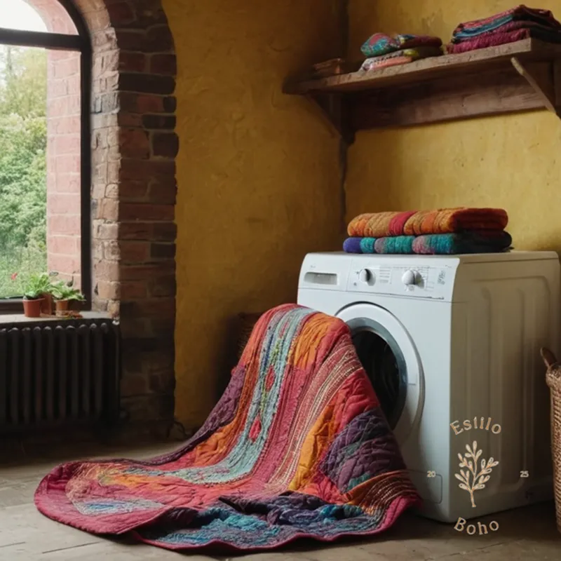 A colorful, wrinkled colcha bohemian next to a washing machine.