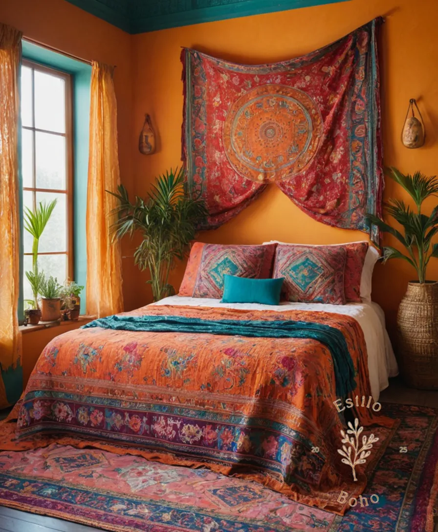 3-4 vibrant bohemian bedspreads draped over a chic summer-colored wall.