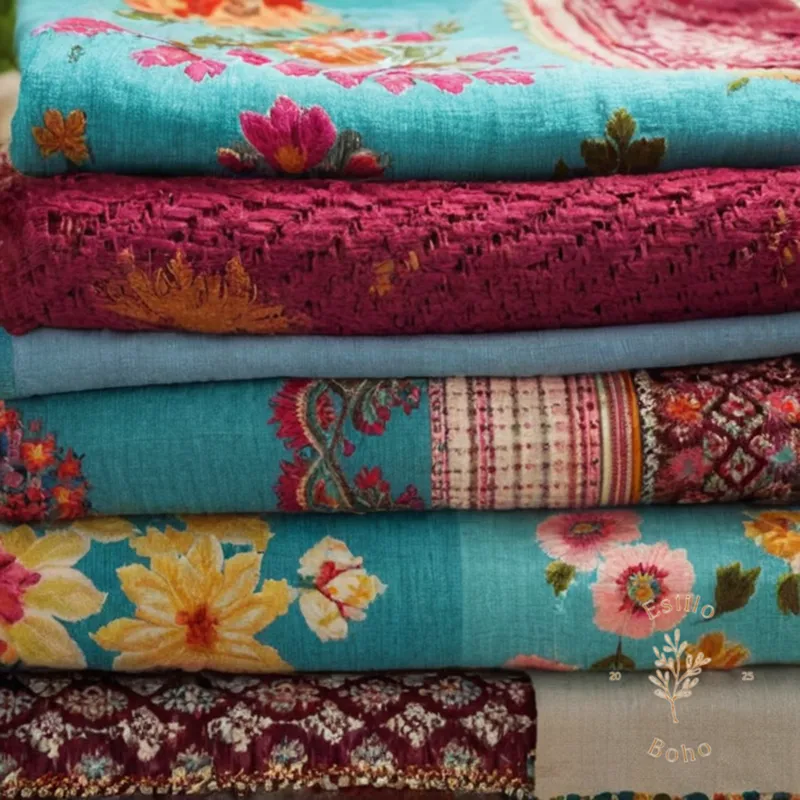 3 delicate, colorful bohemian summer blankets with floral patterns.