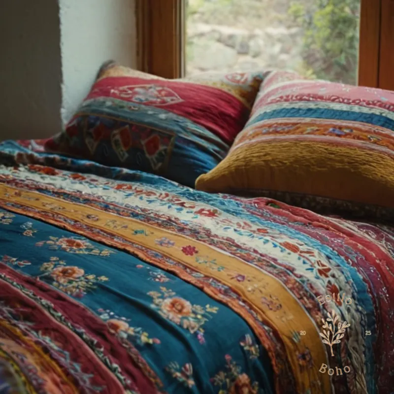 Light, bohemian-inspired bed linens or textiles with colorful prints.