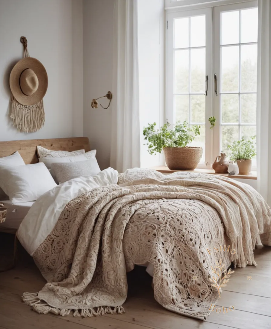 3 stylish, organic cotton bohemian bed throws in a Scandinavian setting.