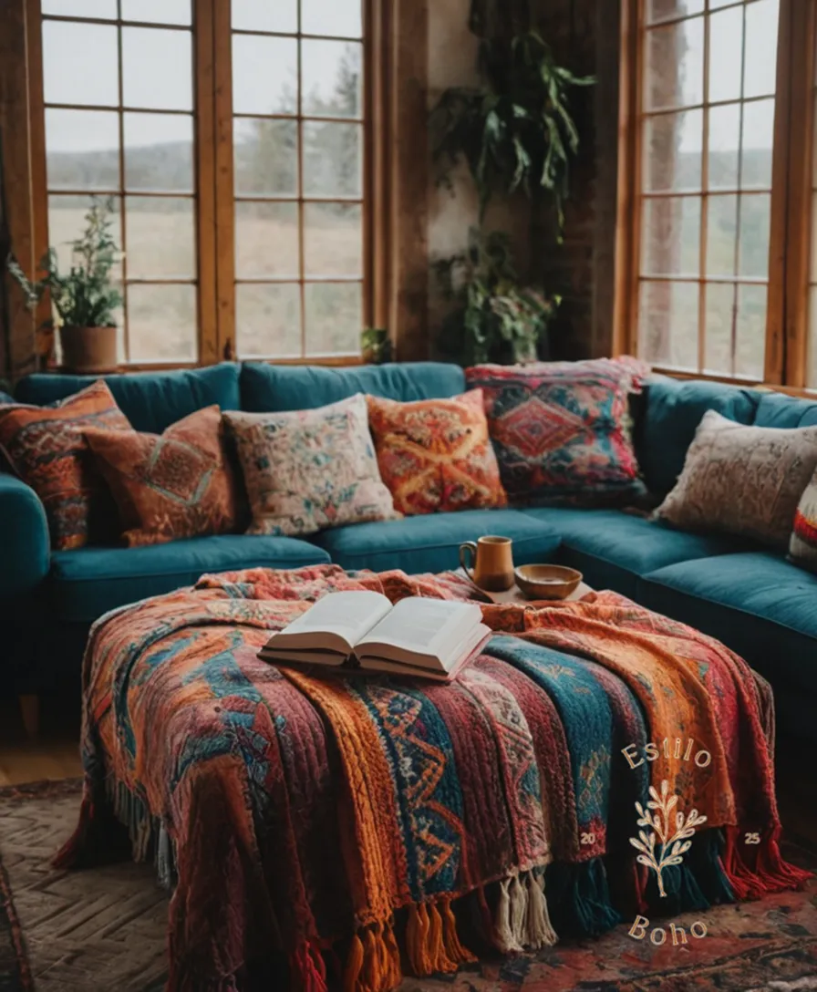 Cozy, bohemian home decor featuring colorful throw blankets and pillows.